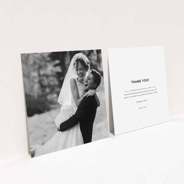 A wedding thank you card named "Full-page portrait". It is a square (148mm x 148mm) card in a square orientation. It is a photographic wedding thank you card with room for 1 photo. "Full-page portrait" is available as a flat card.