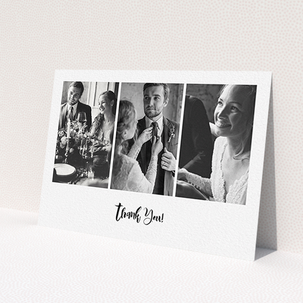 A wedding thank you card template titled 'Modern Tryptic'. It is an A6 card in a landscape orientation. It is a photographic wedding thank you card with room for 3 photos. 'Modern Tryptic' is available as a flat card, with mainly white colouring.