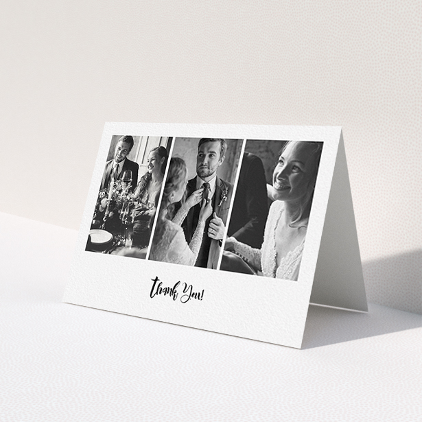 A wedding thank you card named 'Modern Tryptic'. It is an A6 card in a landscape orientation. It is a photographic wedding thank you card with room for 3 photos. 'Modern Tryptic' is available as a folded card, with mainly white colouring.