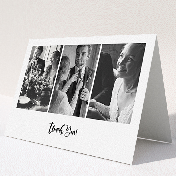 A wedding thank you card named "Modern Tryptic". It is an A6 card in a landscape orientation. It is a photographic wedding thank you card with room for 3 photos. "Modern Tryptic" is available as a folded card, with mainly white colouring.