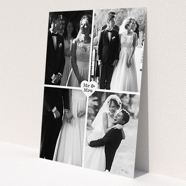 A wedding thank you card design titled 'Monochrome Heart'. It is an A6 card in a portrait orientation. It is a photographic wedding thank you card with room for 4 photos. 'Monochrome Heart' is available as a flat card, with mainly white colouring.
