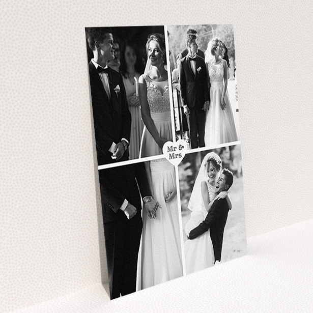 A wedding thank you card design titled "Monochrome Heart". It is an A6 card in a portrait orientation. It is a photographic wedding thank you card with room for 4 photos. "Monochrome Heart" is available as a flat card, with mainly white colouring.