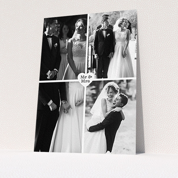 A wedding thank you card design titled "Monochrome Heart". It is an A6 card in a portrait orientation. It is a photographic wedding thank you card with room for 4 photos. "Monochrome Heart" is available as a flat card, with mainly white colouring.