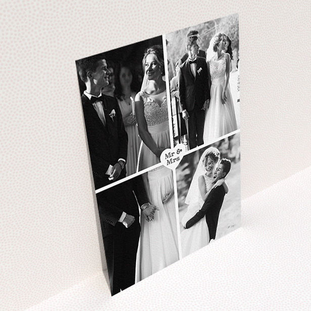 A wedding thank you card design titled "Monochrome Heart". It is an A6 card in a portrait orientation. It is a photographic wedding thank you card with room for 4 photos. "Monochrome Heart" is available as a flat card, with mainly white colouring.