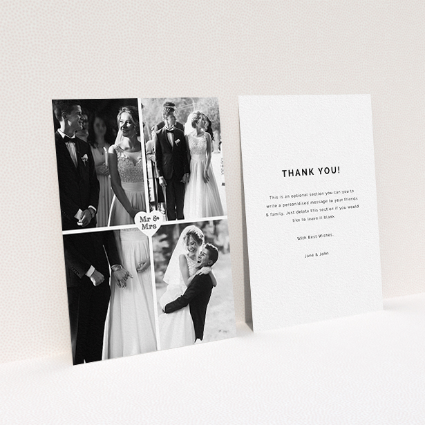 A wedding thank you card design titled "Monochrome Heart". It is an A6 card in a portrait orientation. It is a photographic wedding thank you card with room for 4 photos. "Monochrome Heart" is available as a flat card, with mainly white colouring.