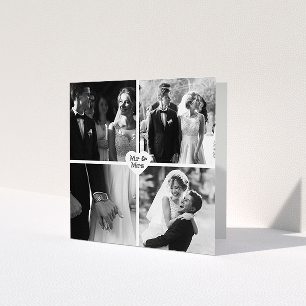 A wedding thank you card template titled 'Monochrome Heart'. It is a square (148mm x 148mm) card in a square orientation. It is a photographic wedding thank you card with room for 4 photos. 'Monochrome Heart' is available as a folded card, with mainly white colouring.