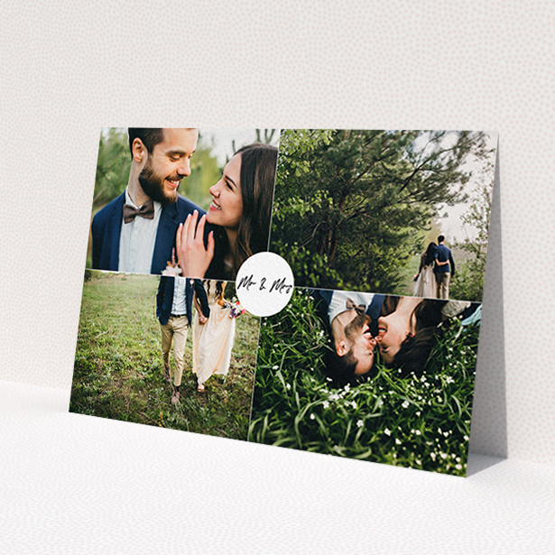 A wedding thank you card design titled 'Mr and Mrs'. It is an A6 card in a landscape orientation. It is a photographic wedding thank you card with room for 4 photos. 'Mr and Mrs' is available as a flat card, with mainly white colouring.