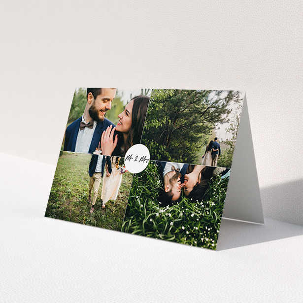 A wedding thank you card design named 'Mr and Mrs'. It is an A6 card in a landscape orientation. It is a photographic wedding thank you card with room for 4 photos. 'Mr and Mrs' is available as a folded card, with mainly white colouring.