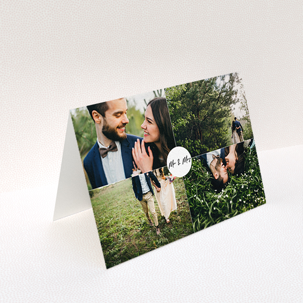 A wedding thank you card design named "Mr and Mrs". It is an A6 card in a landscape orientation. It is a photographic wedding thank you card with room for 4 photos. "Mr and Mrs" is available as a folded card, with mainly white colouring.