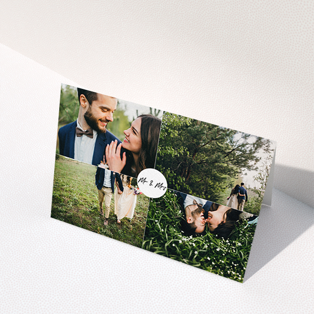 A wedding thank you card design named "Mr and Mrs". It is an A6 card in a landscape orientation. It is a photographic wedding thank you card with room for 4 photos. "Mr and Mrs" is available as a folded card, with mainly white colouring.