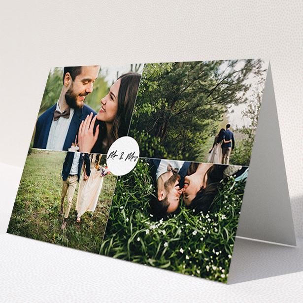 A wedding thank you card design named "Mr and Mrs". It is an A6 card in a landscape orientation. It is a photographic wedding thank you card with room for 4 photos. "Mr and Mrs" is available as a folded card, with mainly white colouring.