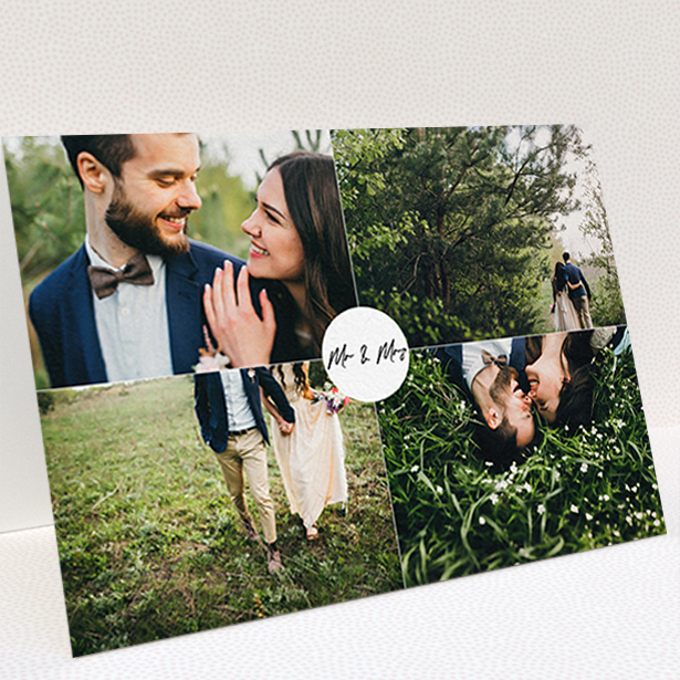A wedding thank you card design named "Mr and Mrs". It is an A6 card in a landscape orientation. It is a photographic wedding thank you card with room for 4 photos. "Mr and Mrs" is available as a folded card, with mainly white colouring.