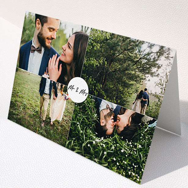 A wedding thank you card design named "Mr and Mrs". It is an A6 card in a landscape orientation. It is a photographic wedding thank you card with room for 4 photos. "Mr and Mrs" is available as a folded card, with mainly white colouring.
