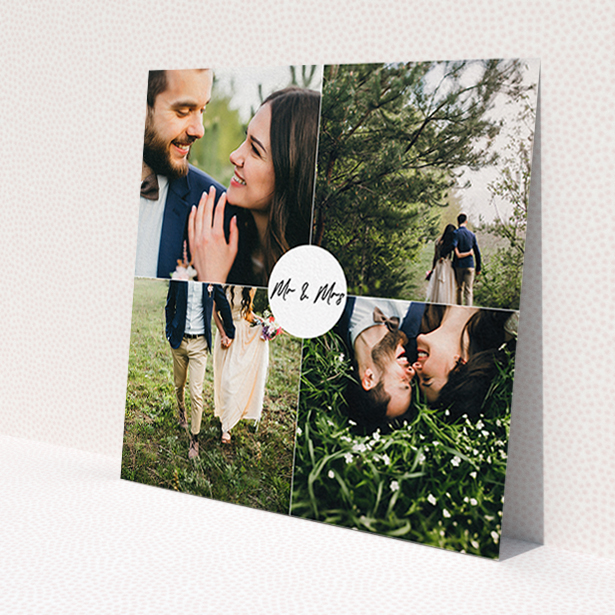A wedding thank you card design called 'Mr and Mrs'. It is a square (148mm x 148mm) card in a square orientation. It is a photographic wedding thank you card with room for 4 photos. 'Mr and Mrs' is available as a flat card, with mainly white colouring.