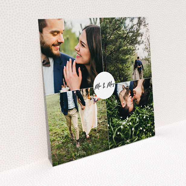 A wedding thank you card design called "Mr and Mrs". It is a square (148mm x 148mm) card in a square orientation. It is a photographic wedding thank you card with room for 4 photos. "Mr and Mrs" is available as a flat card, with mainly white colouring.
