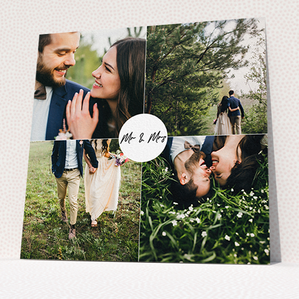 A wedding thank you card design called "Mr and Mrs". It is a square (148mm x 148mm) card in a square orientation. It is a photographic wedding thank you card with room for 4 photos. "Mr and Mrs" is available as a flat card, with mainly white colouring.