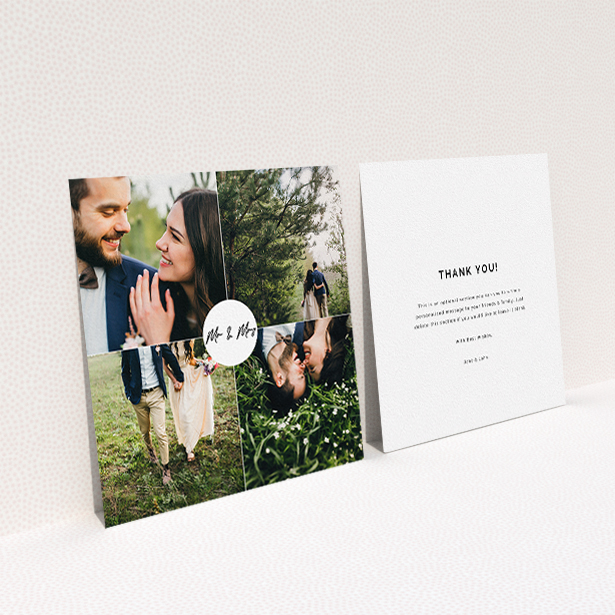 A wedding thank you card design called "Mr and Mrs". It is a square (148mm x 148mm) card in a square orientation. It is a photographic wedding thank you card with room for 4 photos. "Mr and Mrs" is available as a flat card, with mainly white colouring.