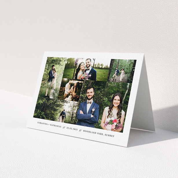 A wedding thank you card called 'No Gap Photo Arrangement'. It is an A6 card in a landscape orientation. It is a photographic wedding thank you card with room for 7 photos. 'No Gap Photo Arrangement' is available as a folded card, with mainly white colouring.