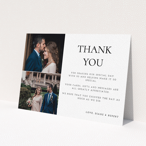 A wedding thank you card design named 'On the top'. It is an A6 card in a landscape orientation. It is a photographic wedding thank you card with room for 1 photo. 'On the top' is available as a flat card, with tones of black and white.