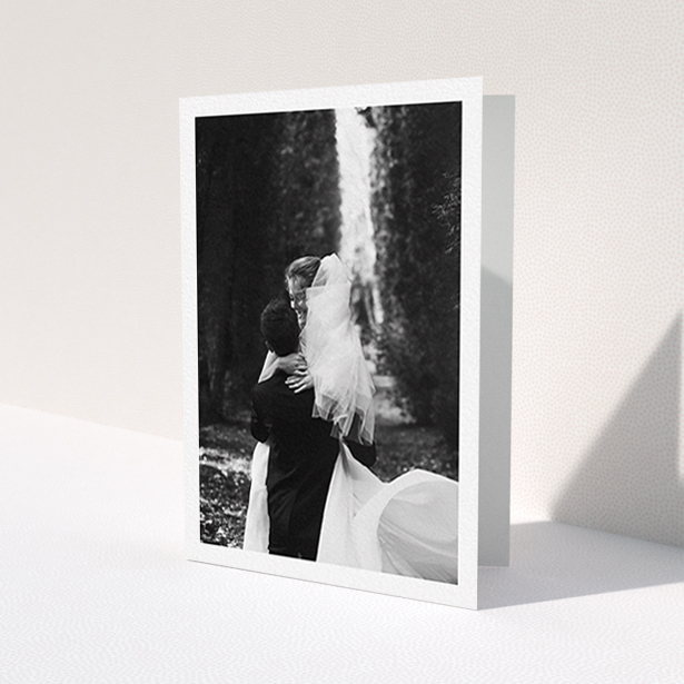 A wedding thank you card design named 'One Photo Thanks'. It is an A6 card in a portrait orientation. It is a photographic wedding thank you card with room for 1 photo. 'One Photo Thanks' is available as a folded card.