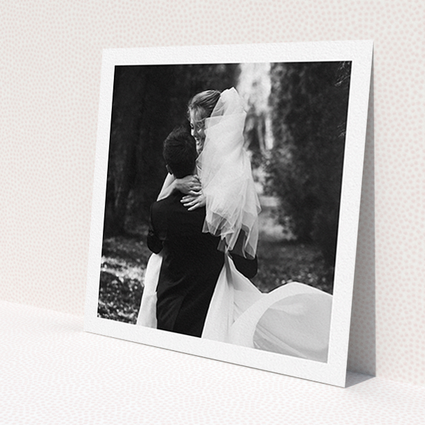 A wedding thank you card design titled 'One Photo Thanks'. It is a square (148mm x 148mm) card in a square orientation. It is a photographic wedding thank you card with room for 1 photo. 'One Photo Thanks' is available as a flat card.