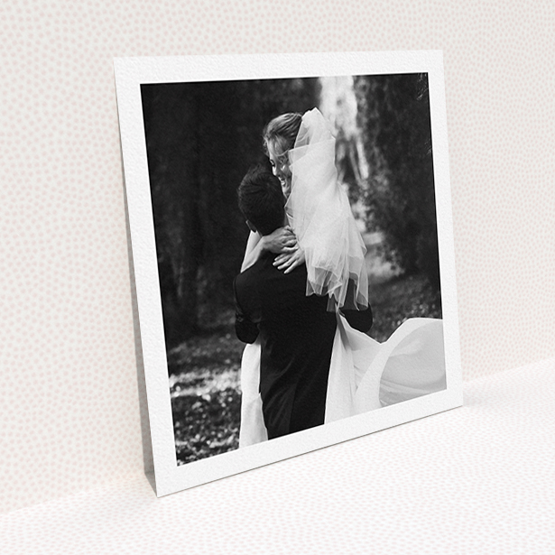 A wedding thank you card design titled "One Photo Thanks". It is a square (148mm x 148mm) card in a square orientation. It is a photographic wedding thank you card with room for 1 photo. "One Photo Thanks" is available as a flat card.