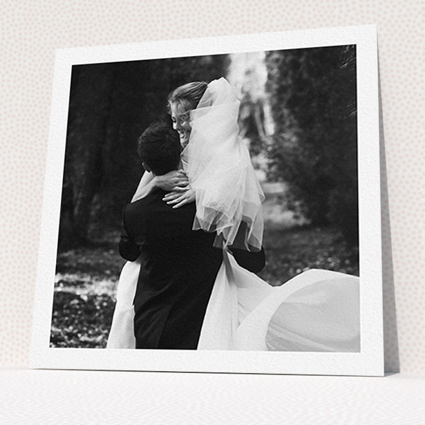 A wedding thank you card design titled "One Photo Thanks". It is a square (148mm x 148mm) card in a square orientation. It is a photographic wedding thank you card with room for 1 photo. "One Photo Thanks" is available as a flat card.