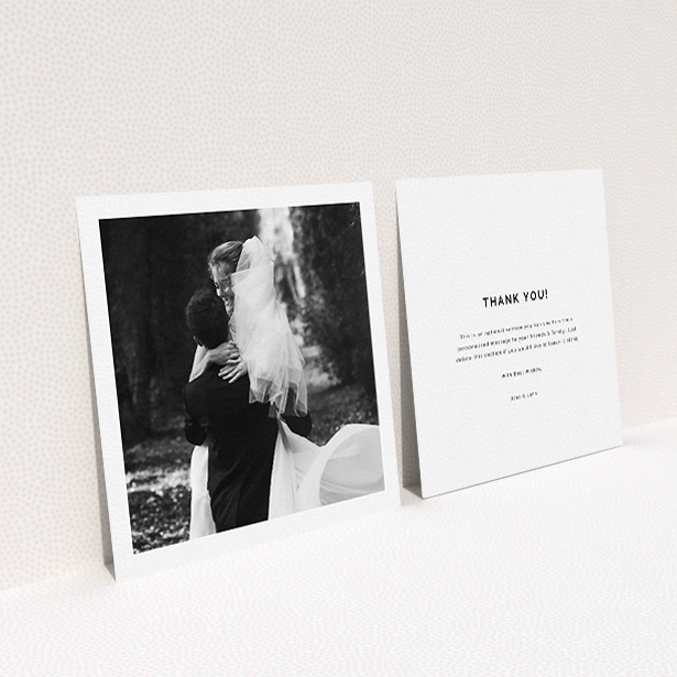 A wedding thank you card design titled "One Photo Thanks". It is a square (148mm x 148mm) card in a square orientation. It is a photographic wedding thank you card with room for 1 photo. "One Photo Thanks" is available as a flat card.