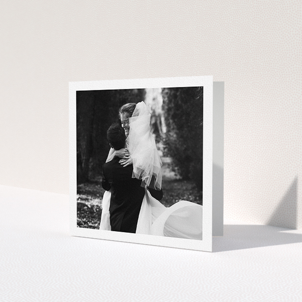 A wedding thank you card called 'One Photo Thanks'. It is a square (148mm x 148mm) card in a square orientation. It is a photographic wedding thank you card with room for 1 photo. 'One Photo Thanks' is available as a folded card.