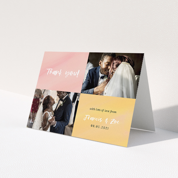 A wedding thank you card called 'Pastel Watercolours'. It is an A5 card in a landscape orientation. It is a photographic wedding thank you card with room for 2 photos. 'Pastel Watercolours' is available as a folded card, with tones of pink and orange.
