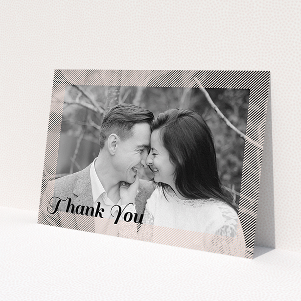 A wedding thank you card design named 'Peach Over-Frame'. It is an A5 card in a landscape orientation. It is a photographic wedding thank you card with room for 1 photo. 'Peach Over-Frame' is available as a flat card, with mainly light pink colouring.