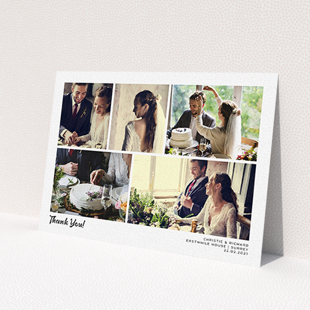 A wedding thank you card design called 'Photo Album Card'. It is an A6 card in a landscape orientation. It is a photographic wedding thank you card with room for 5 photos. 'Photo Album Card' is available as a flat card, with mainly white colouring.