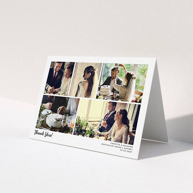 A wedding thank you card template titled 'Photo Album Card'. It is an A6 card in a landscape orientation. It is a photographic wedding thank you card with room for 5 photos. 'Photo Album Card' is available as a folded card, with mainly white colouring.