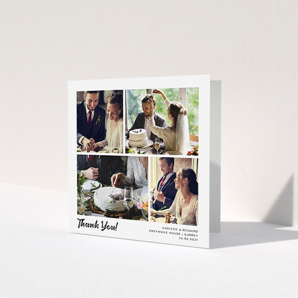 A wedding thank you card design called 'Photo Album Card'. It is a square (148mm x 148mm) card in a square orientation. It is a photographic wedding thank you card with room for 5 photos. 'Photo Album Card' is available as a folded card, with mainly white colouring.