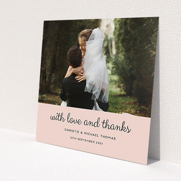 A wedding thank you card design titled 'Pink Footer'. It is a square (148mm x 148mm) card in a square orientation. It is a photographic wedding thank you card with room for 1 photo. 'Pink Footer' is available as a flat card, with mainly pink colouring.