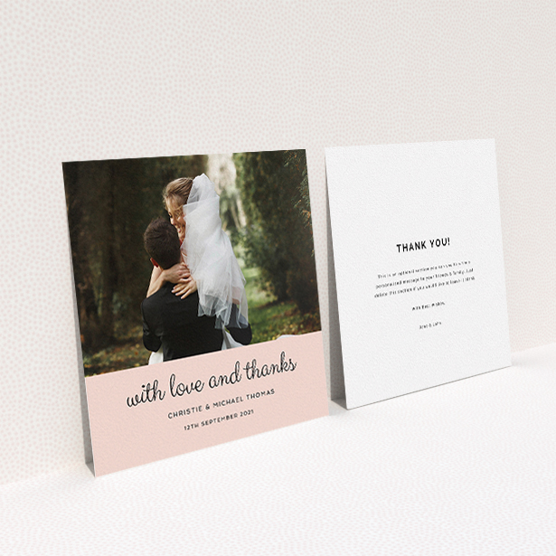 A wedding thank you card design titled "Pink Footer". It is a square (148mm x 148mm) card in a square orientation. It is a photographic wedding thank you card with room for 1 photo. "Pink Footer" is available as a flat card, with mainly pink colouring.