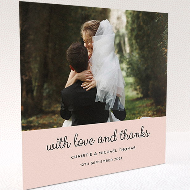 A wedding thank you card called "Pink Footer". It is a square (148mm x 148mm) card in a square orientation. It is a photographic wedding thank you card with room for 1 photo. "Pink Footer" is available as a folded card, with mainly pink colouring.