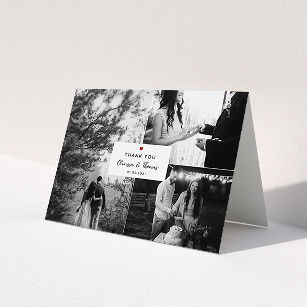 A wedding thank you card design named 'Portrait and Landscapes'. It is an A6 card in a landscape orientation. It is a photographic wedding thank you card with room for 3 photos. 'Portrait and Landscapes' is available as a folded card, with tones of white and red.