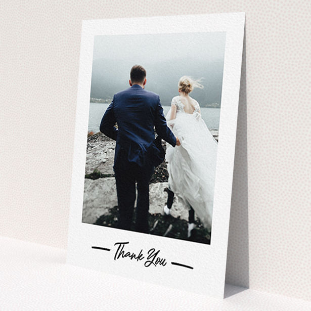 A wedding thank you card design titled 'Portrait Thank You Photo'. It is an A6 card in a portrait orientation. It is a photographic wedding thank you card with room for 1 photo. 'Portrait Thank You Photo' is available as a flat card, with mainly white colouring.