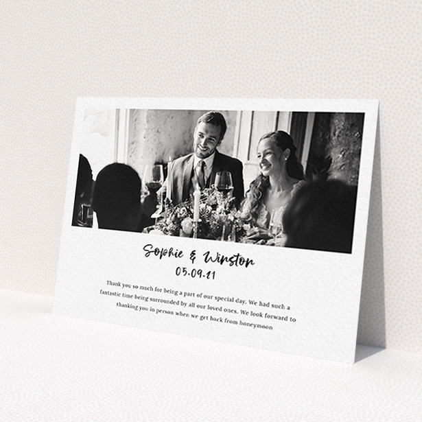 A wedding thank you card design called 'Printed Thank You Message'. It is an A6 card in a landscape orientation. It is a photographic wedding thank you card with room for 1 photo. 'Printed Thank You Message' is available as a flat card, with mainly white colouring.