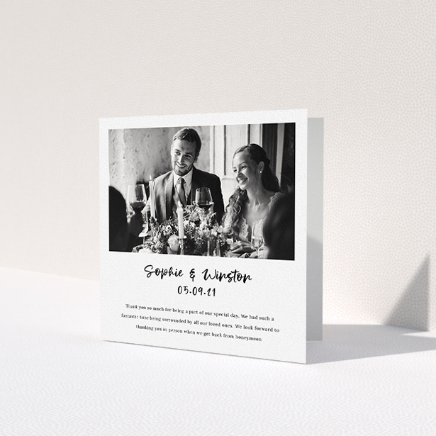 A wedding thank you card template titled 'Printed Thank You Message'. It is a square (148mm x 148mm) card in a square orientation. It is a photographic wedding thank you card with room for 1 photo. 'Printed Thank You Message' is available as a folded card, with mainly white colouring.