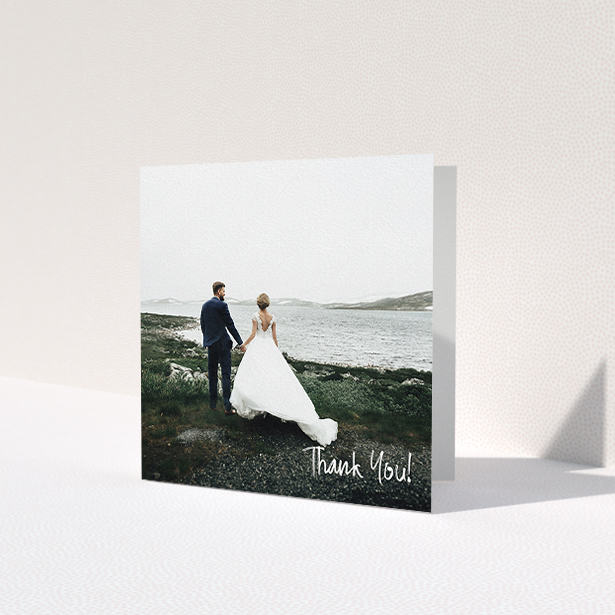 A wedding thank you card design titled 'Rough but Simple Photo'. It is a square (148mm x 148mm) card in a square orientation. It is a photographic wedding thank you card with room for 1 photo. 'Rough but Simple Photo' is available as a folded card, with mainly white colouring.