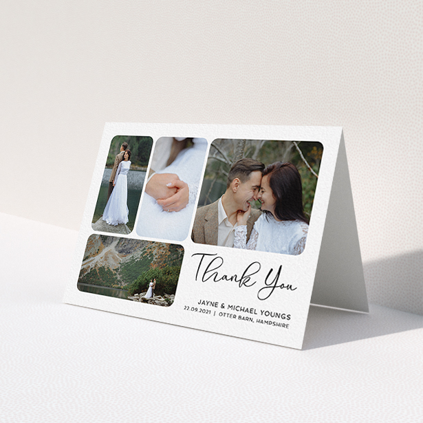A wedding thank you card called 'Rounded 4-photo Arrangement'. It is an A6 card in a landscape orientation. It is a photographic wedding thank you card with room for 4 photos. 'Rounded 4-photo Arrangement' is available as a folded card, with mainly white colouring.