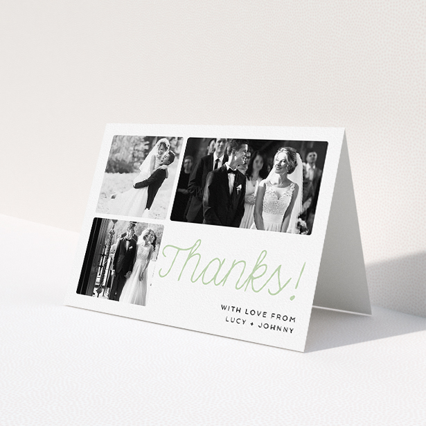 A wedding thank you card design named 'Rounded Photo Tryptic'. It is an A5 card in a landscape orientation. It is a photographic wedding thank you card with room for 3 photos. 'Rounded Photo Tryptic' is available as a folded card, with tones of white and green.