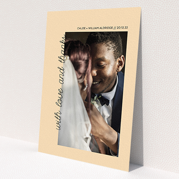 A wedding thank you card design named 'Rustic Orange Photo Frame'. It is an A6 card in a portrait orientation. It is a photographic wedding thank you card with room for 1 photo. 'Rustic Orange Photo Frame' is available as a flat card, with mainly faded orange colouring.