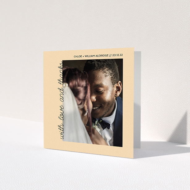 A wedding thank you card design titled 'Rustic Orange Photo Frame'. It is a square (148mm x 148mm) card in a square orientation. It is a photographic wedding thank you card with room for 1 photo. 'Rustic Orange Photo Frame' is available as a folded card, with mainly faded orange colouring.