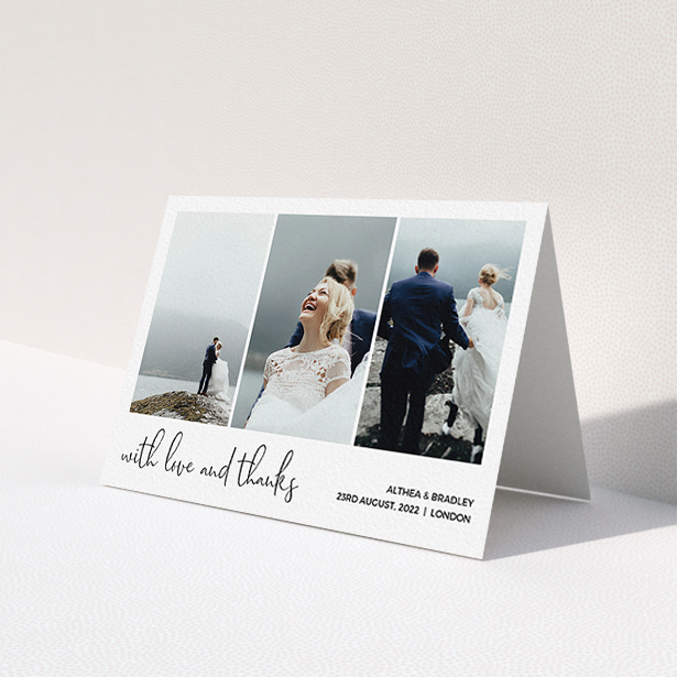 A wedding thank you card design called 'Script Tryptic'. It is an A6 card in a landscape orientation. It is a photographic wedding thank you card with room for 3 photos. 'Script Tryptic' is available as a folded card, with mainly white colouring.