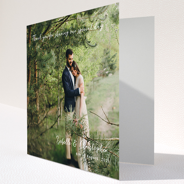 A wedding thank you card design called "Scripted". It is a square (148mm x 148mm) card in a square orientation. It is a photographic wedding thank you card with room for 1 photo. "Scripted" is available as a folded card, with mainly white colouring.