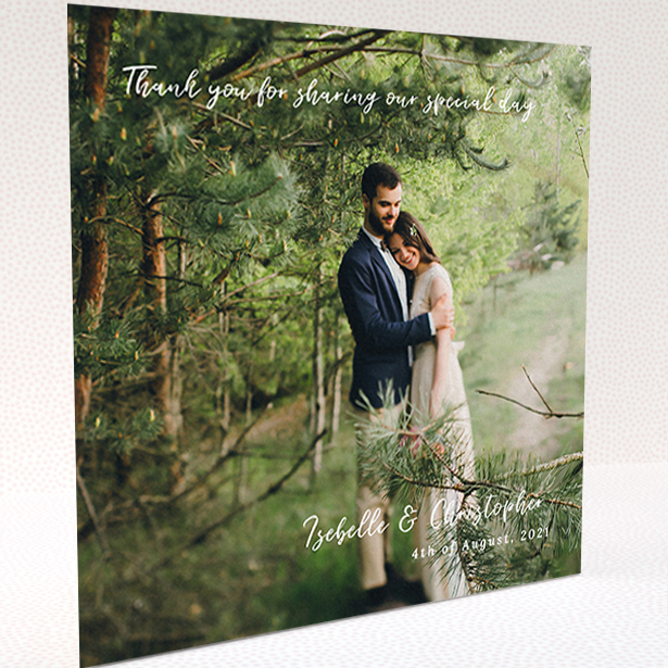 A wedding thank you card design called "Scripted". It is a square (148mm x 148mm) card in a square orientation. It is a photographic wedding thank you card with room for 1 photo. "Scripted" is available as a folded card, with mainly white colouring.