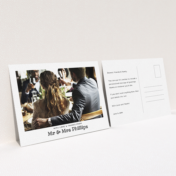 A wedding thank you card design called "Simple Photo Frame". It is an A6 card in a landscape orientation. It is a photographic wedding thank you card with room for 1 photo. "Simple Photo Frame" is available as a flat card, with mainly white colouring.